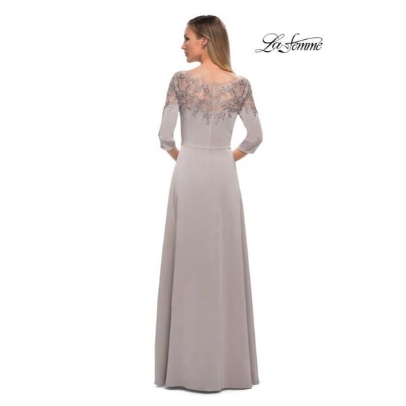 La Femme Womens Size 4 Silver 29227 Embroidered Illusion Neck Gown $469 New - Picture 2 of 16